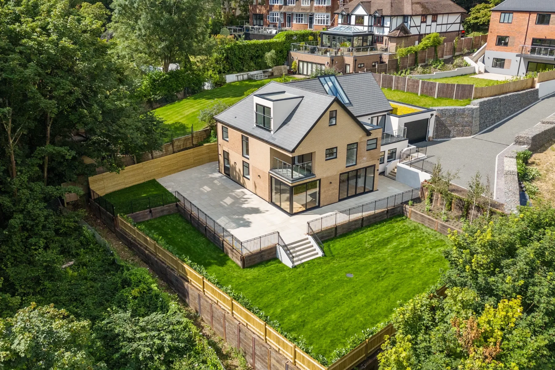 An overhead view of a house and a garden